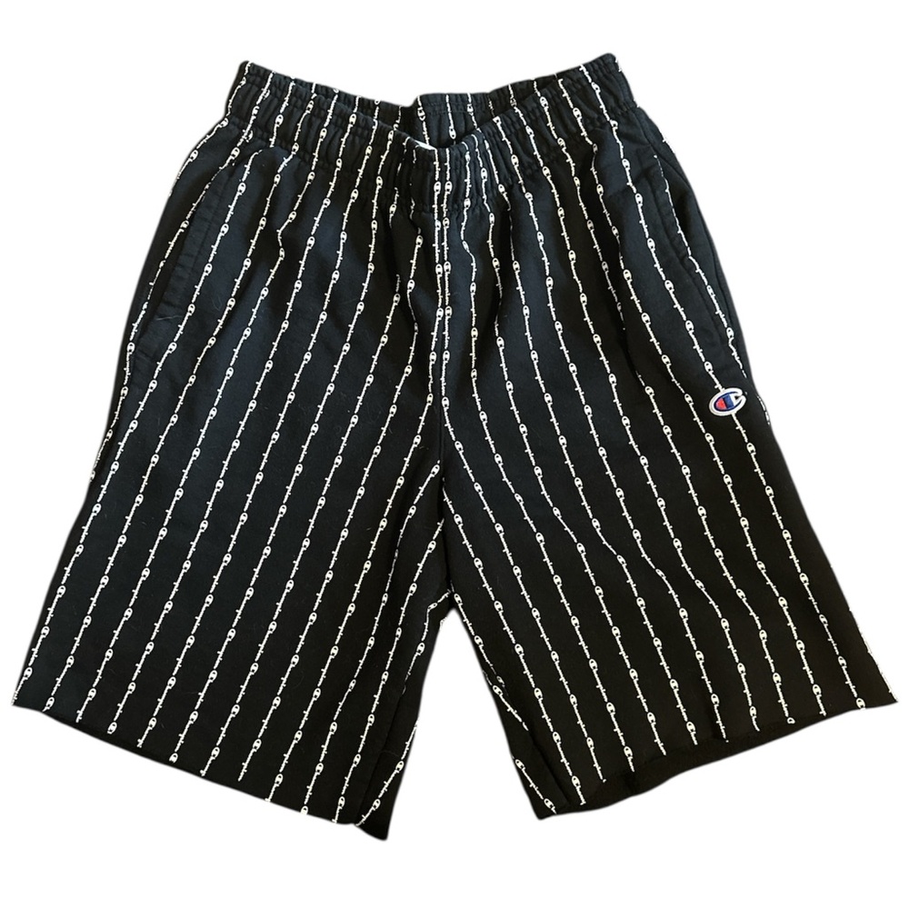 Champion Men’s Black Sweatshorts with “Champion” stripes, Size: Medium